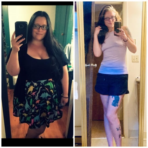 A progress pic of a 5'4" woman showing a fat loss from 306 pounds to 169 pounds. A total loss of 137 pounds.