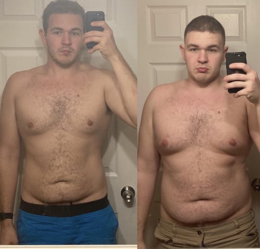 A progress pic of a 6'2" man showing a fat loss from 239 pounds to 209 pounds. A respectable loss of 30 pounds.