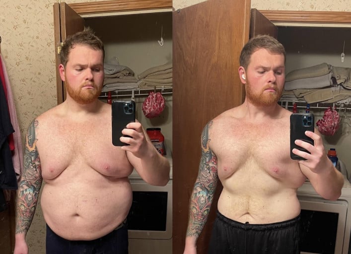 A before and after photo of a 5'11" male showing a weight reduction from 263 pounds to 220 pounds. A total loss of 43 pounds.
