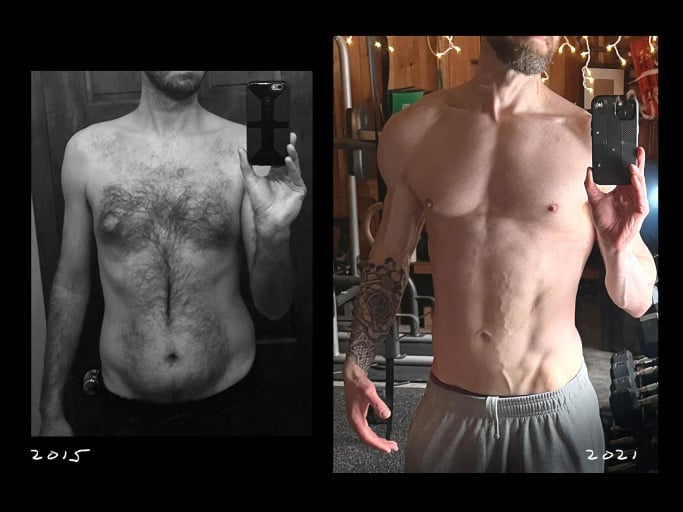 A before and after photo of a 6'4" male showing a weight reduction from 190 pounds to 180 pounds. A total loss of 10 pounds.
