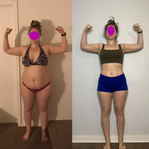 A before and after photo of a 5'6" female showing a weight reduction from 225 pounds to 155 pounds. A respectable loss of 70 pounds.