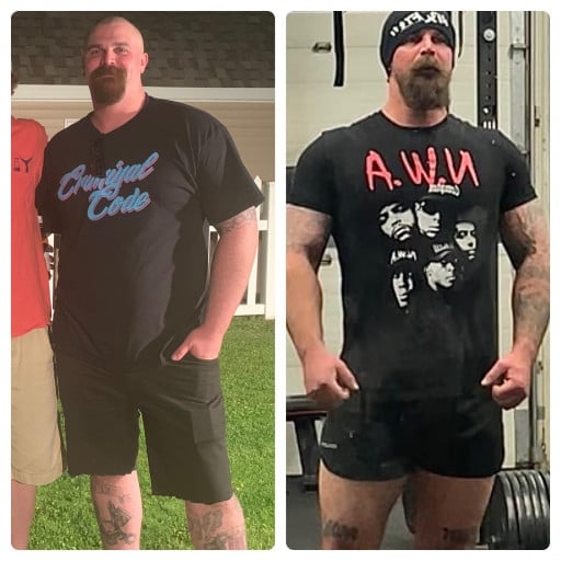 A progress pic of a 6'3" man showing a fat loss from 310 pounds to 255 pounds. A net loss of 55 pounds.