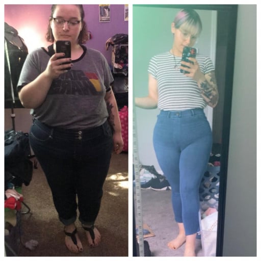 A picture of a 5'2" female showing a weight loss from 254 pounds to 154 pounds. A total loss of 100 pounds.