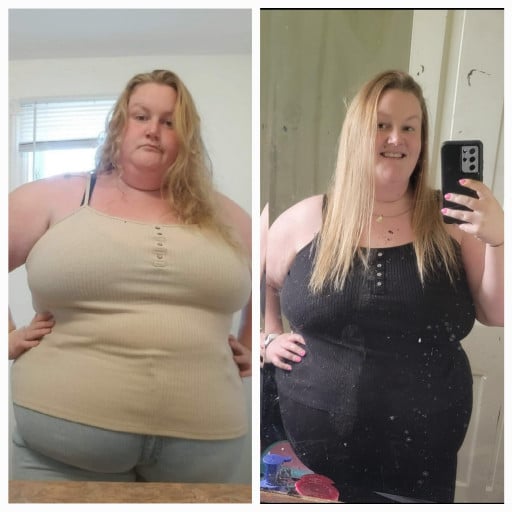 A picture of a 5'4" female showing a weight loss from 376 pounds to 327 pounds. A respectable loss of 49 pounds.