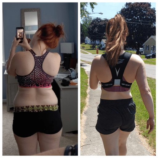 A progress pic of a 5'9" woman showing a fat loss from 195 pounds to 179 pounds. A total loss of 16 pounds.