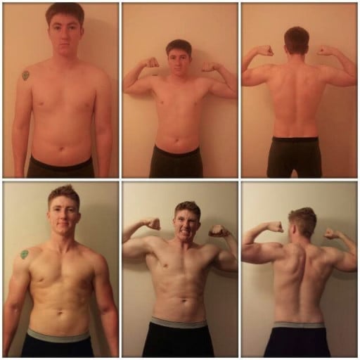 A before and after photo of a 6'1" male showing a weight reduction from 215 pounds to 194 pounds. A net loss of 21 pounds.