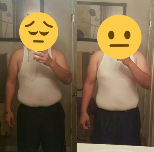 A picture of a 5'10" male showing a weight loss from 255 pounds to 235 pounds. A total loss of 20 pounds.