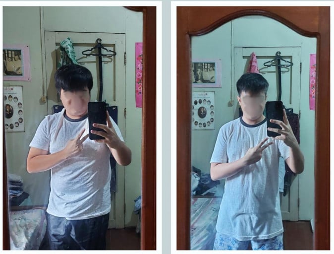 A picture of a 5'5" male showing a weight loss from 176 pounds to 140 pounds. A total loss of 36 pounds.