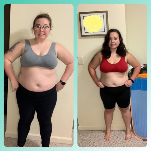 A before and after photo of a 4'10" female showing a weight reduction from 215 pounds to 179 pounds. A respectable loss of 36 pounds.