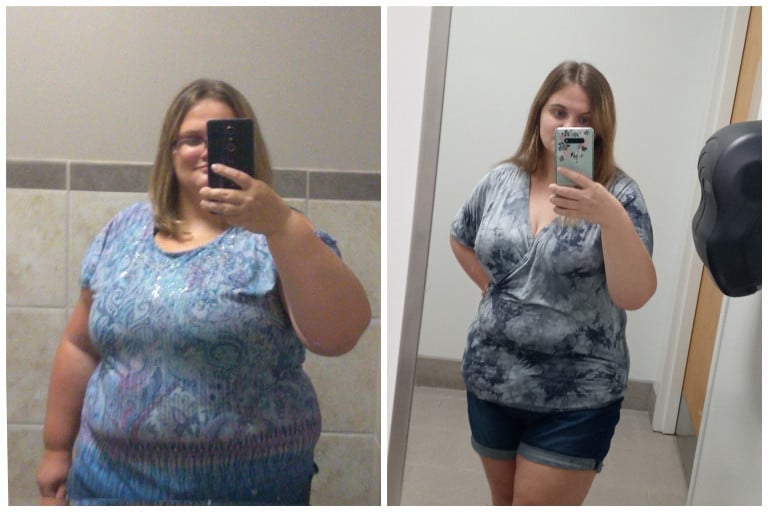A picture of a 5'3" female showing a weight loss from 295 pounds to 205 pounds. A net loss of 90 pounds.