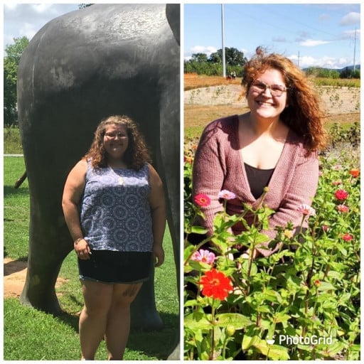 A photo of a 5'10" woman showing a weight cut from 400 pounds to 268 pounds. A net loss of 132 pounds.