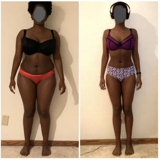 A progress pic of a 5'5" woman showing a fat loss from 175 pounds to 123 pounds. A total loss of 52 pounds.