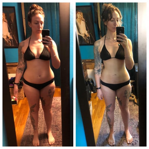 A photo of a 5'5" woman showing a weight cut from 155 pounds to 130 pounds. A total loss of 25 pounds.