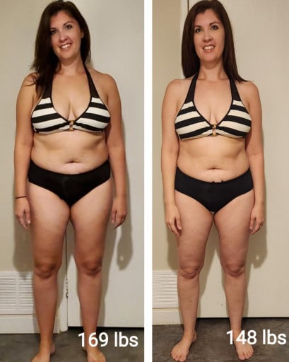 A progress pic of a 5'5" woman showing a fat loss from 169 pounds to 148 pounds. A total loss of 21 pounds.