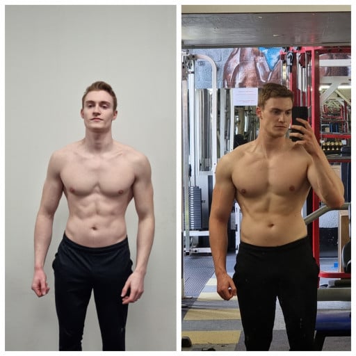 A before and after photo of a 5'11" male showing a weight gain from 172 pounds to 187 pounds. A net gain of 15 pounds.