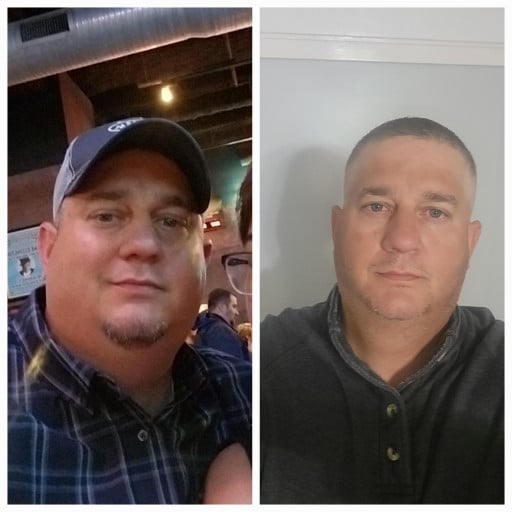 A before and after photo of a 6'0" male showing a weight reduction from 295 pounds to 266 pounds. A respectable loss of 29 pounds.