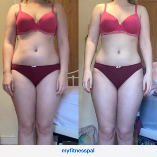 A progress pic of a 5'7" woman showing a fat loss from 171 pounds to 161 pounds. A respectable loss of 10 pounds.