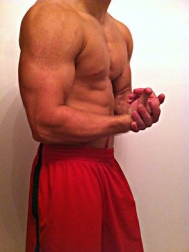 A picture of a 5'9" male showing a muscle gain from 167 pounds to 189 pounds. A respectable gain of 22 pounds.