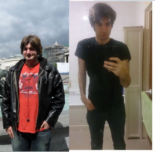 A progress pic of a 6'3" man showing a fat loss from 277 pounds to 154 pounds. A net loss of 123 pounds.