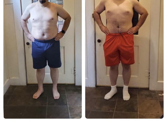 A photo of a 5'11" man showing a weight cut from 250 pounds to 218 pounds. A total loss of 32 pounds.