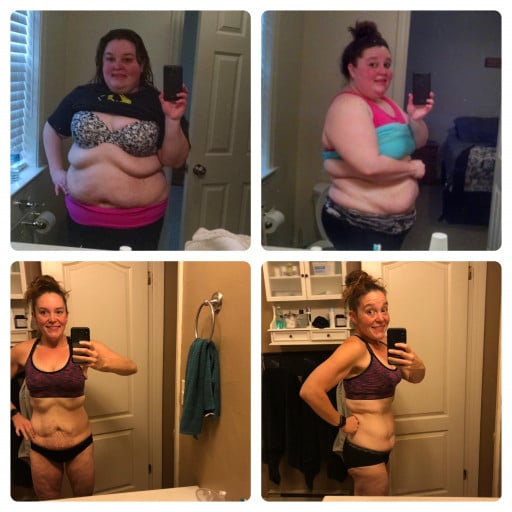 A picture of a 5'5" female showing a weight loss from 305 pounds to 138 pounds. A net loss of 167 pounds.