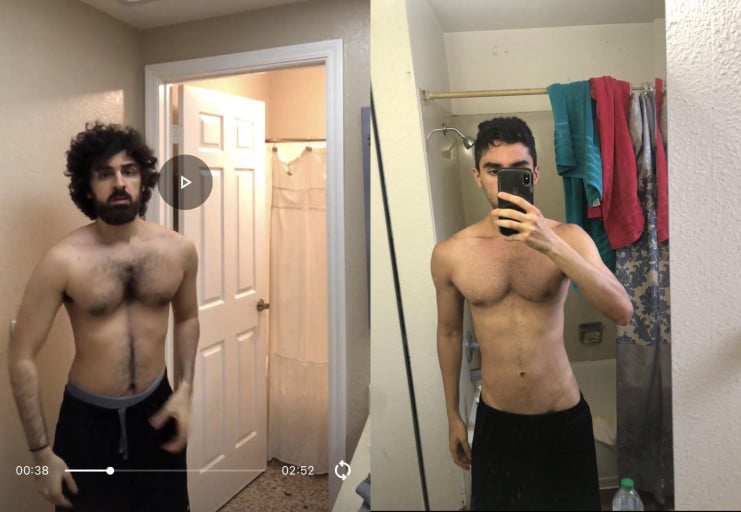 A photo of a 5'7" man showing a weight cut from 150 pounds to 130 pounds. A net loss of 20 pounds.