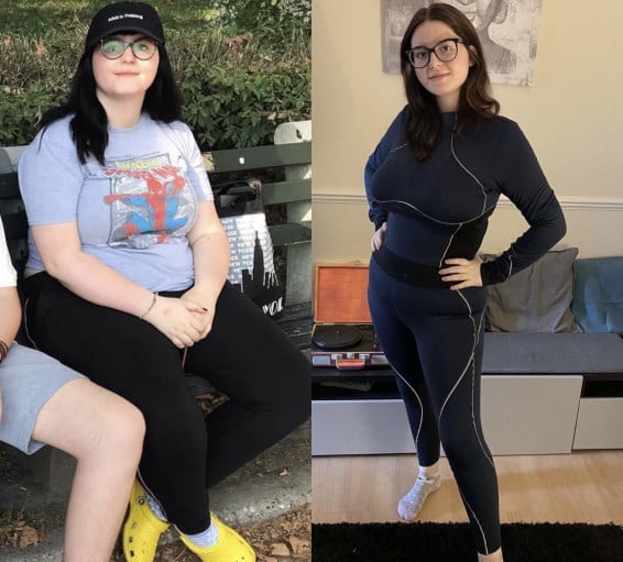 A progress pic of a 5'8" woman showing a fat loss from 235 pounds to 178 pounds. A net loss of 57 pounds.
