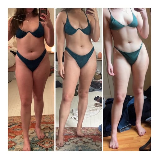 A progress pic of a 5'3" woman showing a fat loss from 154 pounds to 134 pounds. A total loss of 20 pounds.