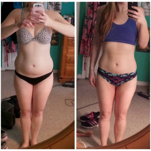 A progress pic of a 5'6" woman showing a fat loss from 166 pounds to 146 pounds. A net loss of 20 pounds.