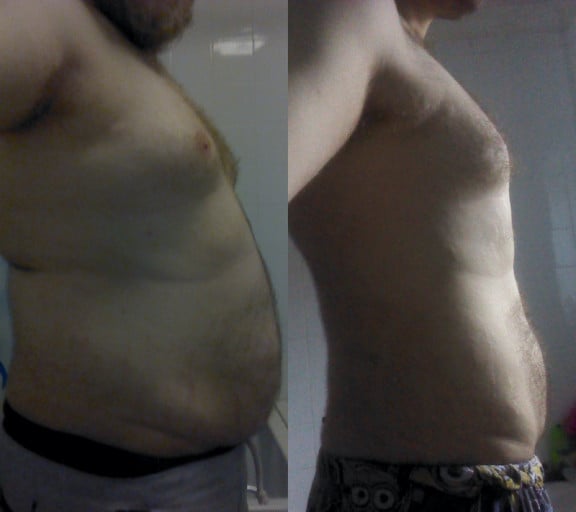 A before and after photo of a 6'2" male showing a weight reduction from 264 pounds to 191 pounds. A total loss of 73 pounds.