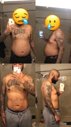 A before and after photo of a 6'3" male showing a weight reduction from 245 pounds to 220 pounds. A respectable loss of 25 pounds.