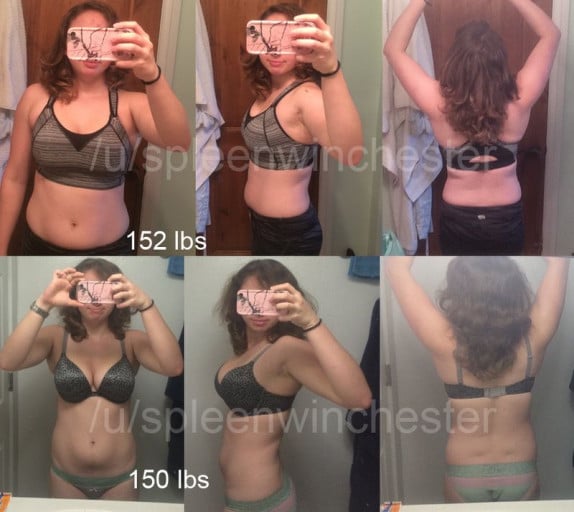 A progress pic of a 5'6" woman showing a fat loss from 152 pounds to 150 pounds. A respectable loss of 2 pounds.