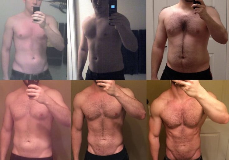 A progress pic of a 5'11" man showing a weight bulk from 155 pounds to 193 pounds. A net gain of 38 pounds.