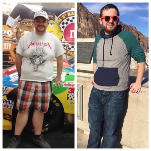A progress pic of a 5'11" man showing a fat loss from 270 pounds to 211 pounds. A respectable loss of 59 pounds.