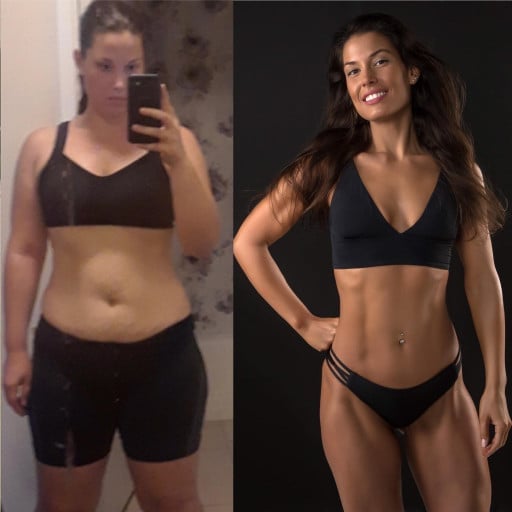 A photo of a 5'6" woman showing a weight cut from 188 pounds to 124 pounds. A net loss of 64 pounds.