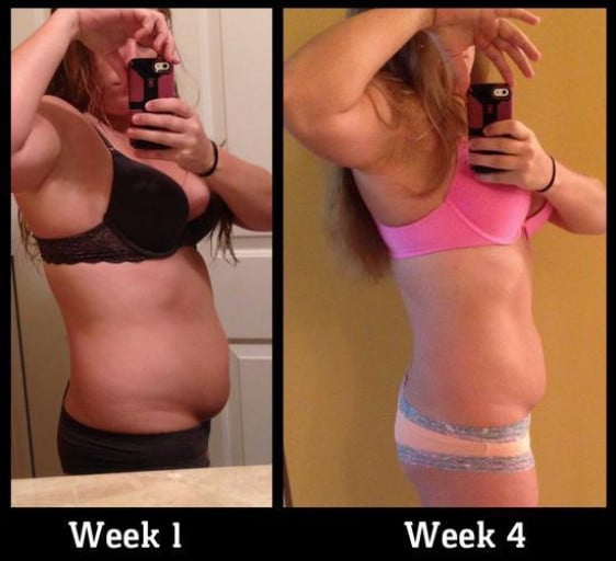 A before and after photo of a 5'4" female showing a weight loss from 167 pounds to 164 pounds. A total loss of 3 pounds.