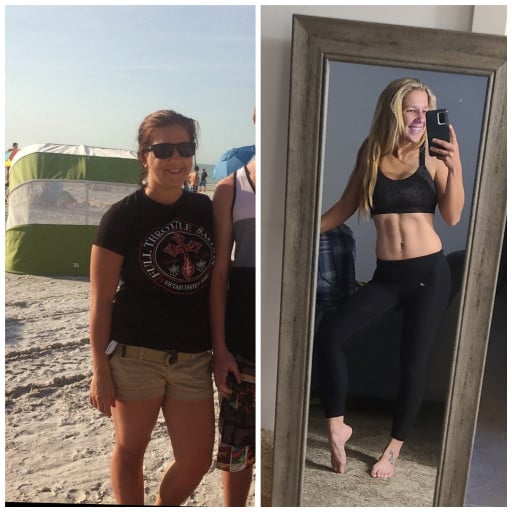 A picture of a 5'3" female showing a weight loss from 155 pounds to 125 pounds. A respectable loss of 30 pounds.