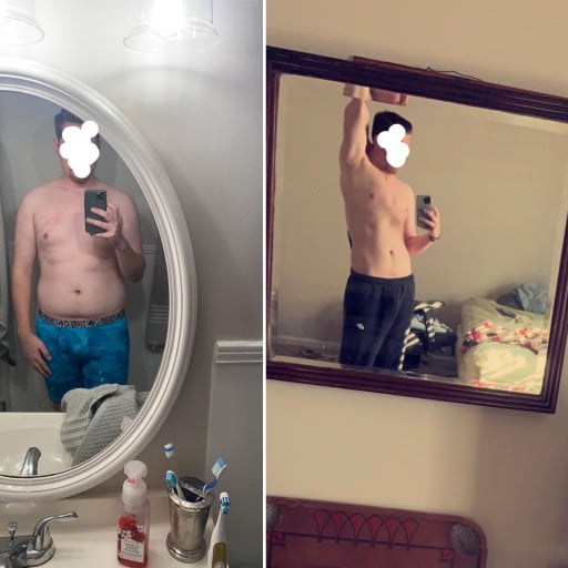 A before and after photo of a 6'0" male showing a weight reduction from 220 pounds to 180 pounds. A net loss of 40 pounds.