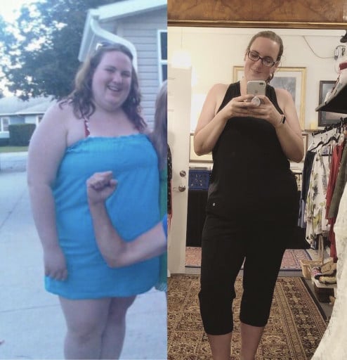A progress pic of a 5'10" woman showing a fat loss from 390 pounds to 241 pounds. A total loss of 149 pounds.