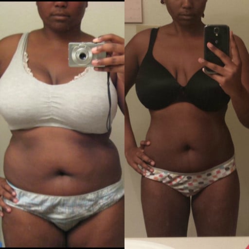 A progress pic of a 5'5" woman showing a fat loss from 189 pounds to 144 pounds. A total loss of 45 pounds.