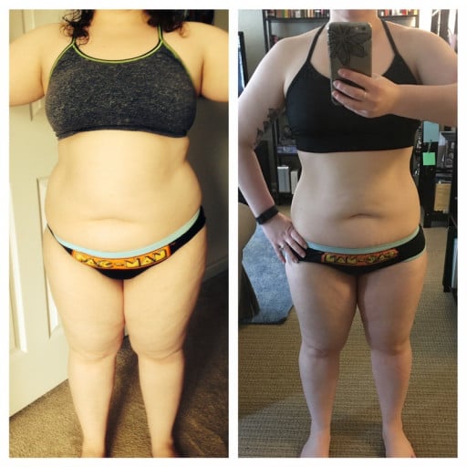 A before and after photo of a 4'11" female showing a weight loss from 205 pounds to 152 pounds. A net loss of 53 pounds.