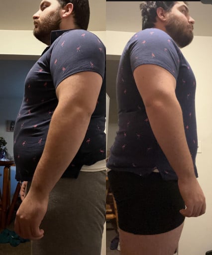 A progress pic of a 6'3" man showing a fat loss from 317 pounds to 307 pounds. A net loss of 10 pounds.