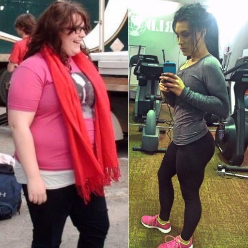 A photo of a 5'4" woman showing a weight cut from 260 pounds to 130 pounds. A respectable loss of 130 pounds.