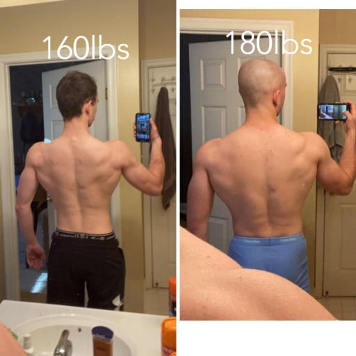 A picture of a 6'0" male showing a muscle gain from 160 pounds to 180 pounds. A respectable gain of 20 pounds.