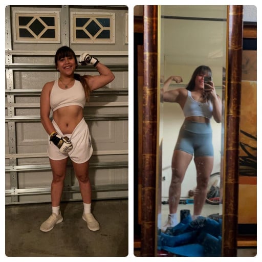 A before and after photo of a 4'11" female showing a weight reduction from 132 pounds to 120 pounds. A total loss of 12 pounds.