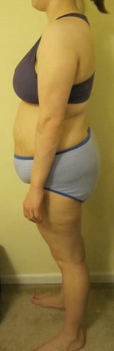 A photo of a 5'4" woman showing a weight reduction from 203 pounds to 166 pounds. A respectable loss of 37 pounds.