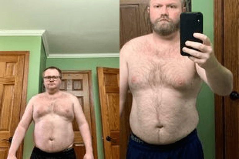 A before and after photo of a 5'6" male showing a weight reduction from 220 pounds to 190 pounds. A respectable loss of 30 pounds.