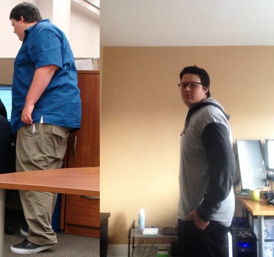 A before and after photo of a 5'11" male showing a weight reduction from 367 pounds to 245 pounds. A net loss of 122 pounds.