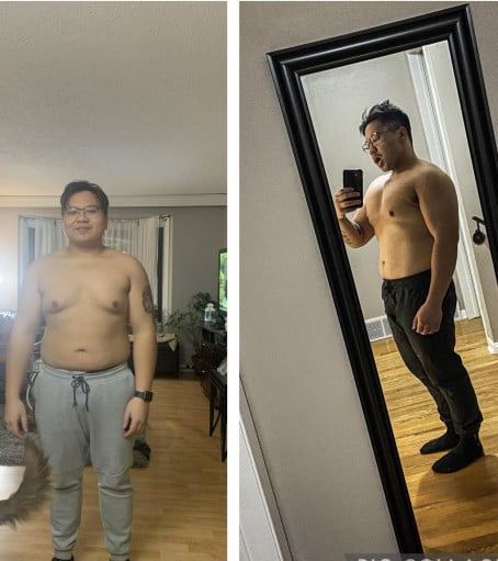 A progress pic of a 5'5" man showing a fat loss from 195 pounds to 173 pounds. A total loss of 22 pounds.