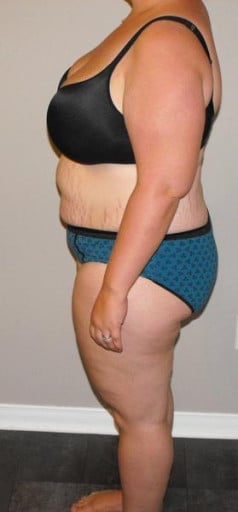 A before and after photo of a 5'5" female showing a snapshot of 210 pounds at a height of 5'5